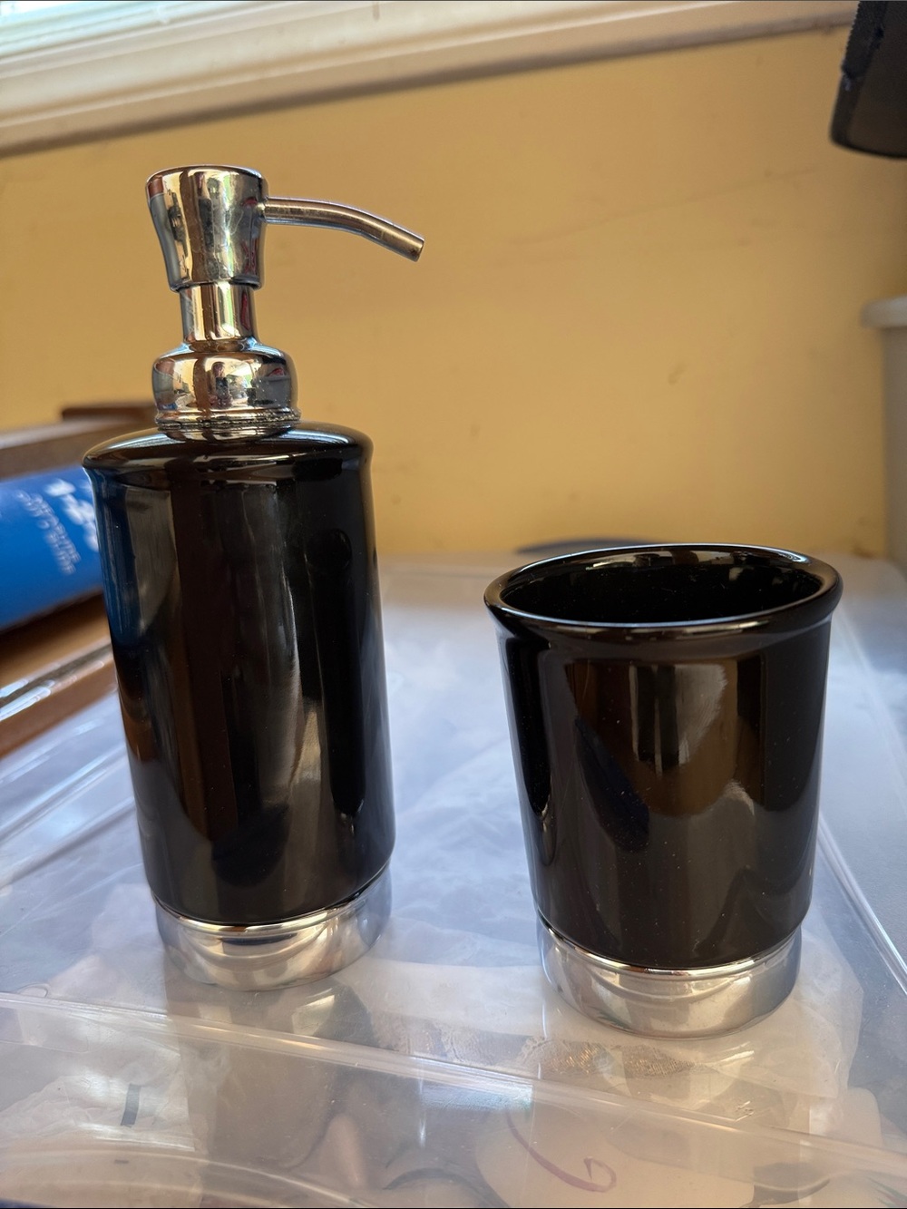 Black Ceramic Soap Dispenser and cup- Glossy Finish